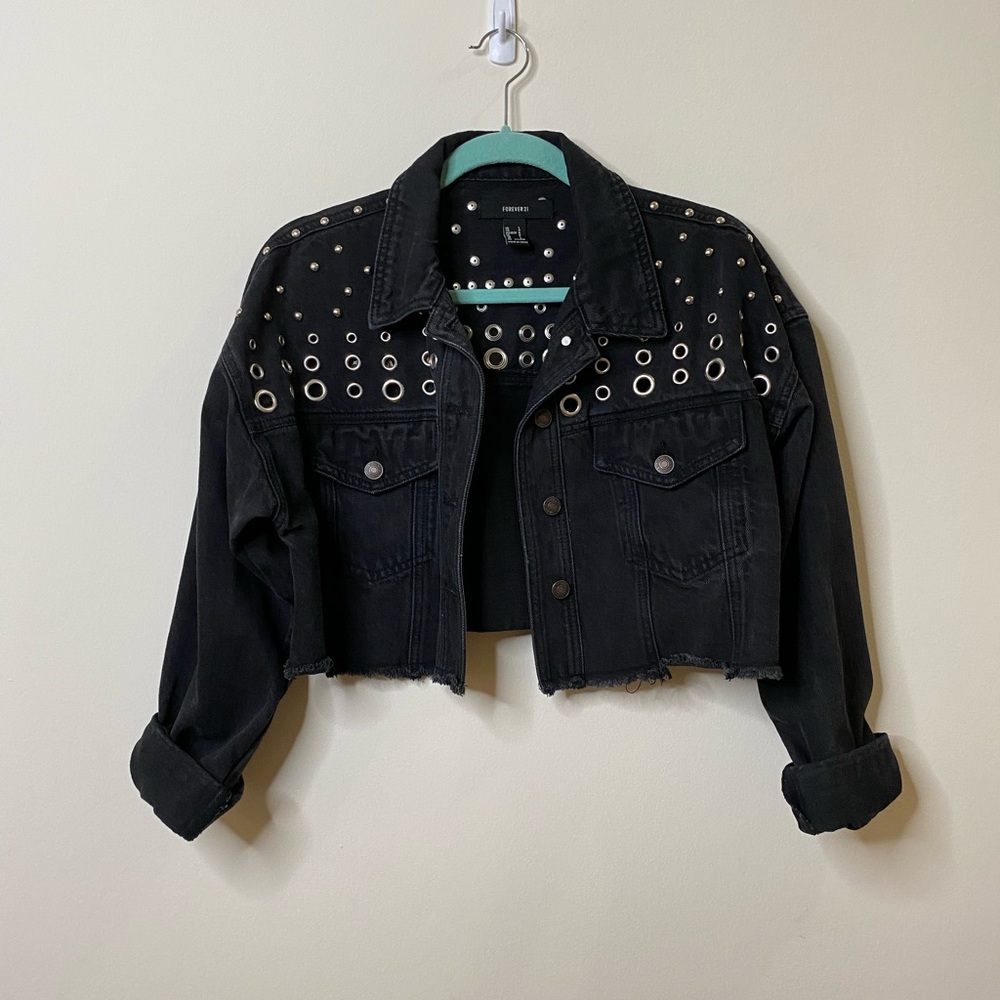 Black Cropped Jean Jacket with Silver Studs